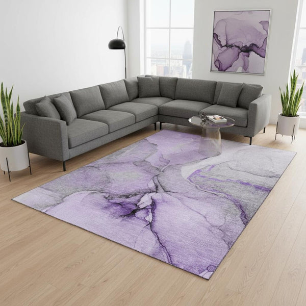 HomeRoots 9' Abstract Purple, Gray & Ivory Washable Area Rug - UV Protected, Stain-Resistant for Busy Homes 646839
