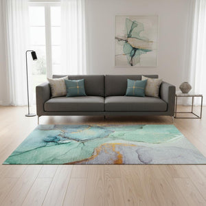 HomeRoots 5' X 8' Teal Gold Ivory Abstract Area Rug - Washable, Stain-Resistant, UV Protection for Busy Homes 646842