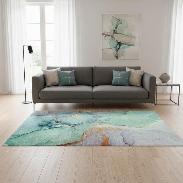 HomeRoots 5' X 8' Teal Gold Ivory Abstract Area Rug - Washable, Stain-Resistant, UV Protection for Busy Homes 646842