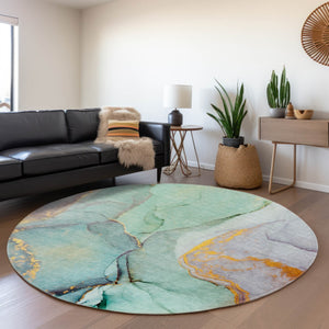 HomeRoots 8' Teal Gold Ivory Abstract Washable Round Rug – Durable, Stain-Resistant, UV Protected, Stylish Home Décor 646843
