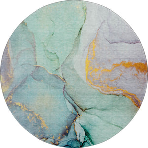 HomeRoots 8' Teal Gold Ivory Abstract Washable Round Rug – Durable, Stain-Resistant, UV Protected, Stylish Home Décor 646843