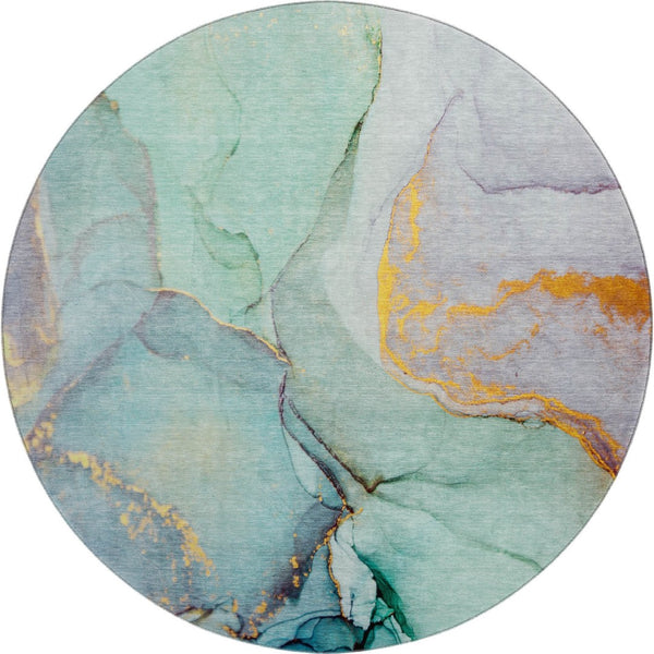 HomeRoots 8' Teal Gold Ivory Abstract Washable Round Rug – Durable, Stain-Resistant, UV Protected, Stylish Home Décor 646843