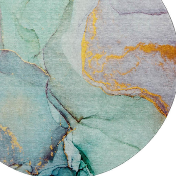 HomeRoots 8' Teal Gold Ivory Abstract Washable Round Rug – Durable, Stain-Resistant, UV Protected, Stylish Home Décor 646843