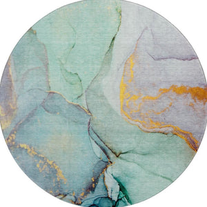 HomeRoots 8' Teal Gold Ivory Abstract Washable Round Rug – Durable, Stain-Resistant, UV Protected, Stylish Home Décor 646843