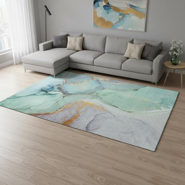 HomeRoots 8' X 10' Stylish Teal, Gold & Ivory Abstract Area Rug - Washable, UV Protected & Stain Resistant! 646844