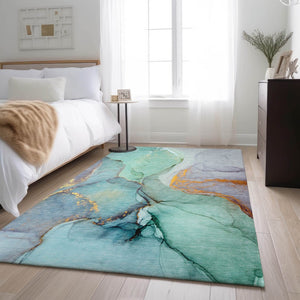 HomeRoots 8' X 10' Stylish Teal, Gold & Ivory Abstract Area Rug - Washable, UV Protected & Stain Resistant! 646844
