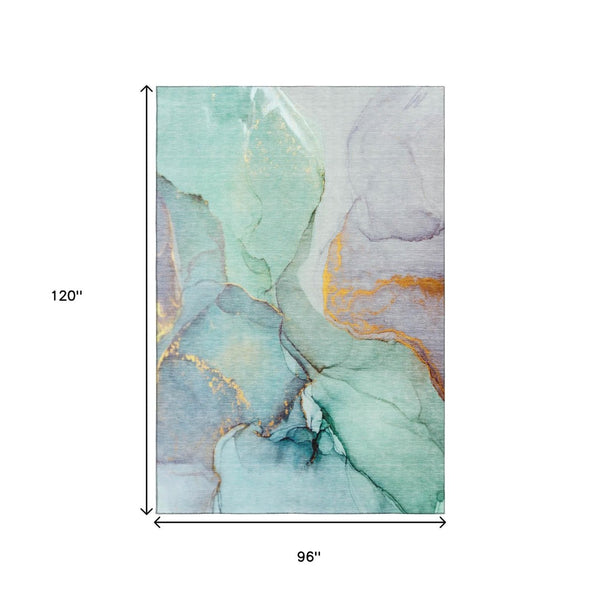 HomeRoots 8' X 10' Stylish Teal, Gold & Ivory Abstract Area Rug - Washable, UV Protected & Stain Resistant! 646844