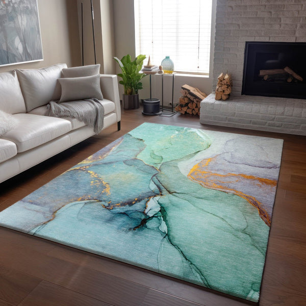 HomeRoots 8' X 10' Stylish Teal, Gold & Ivory Abstract Area Rug - Washable, UV Protected & Stain Resistant! 646844