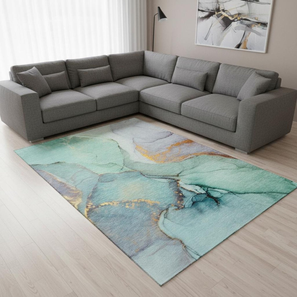 HomeRoots 9' X 12' Teal Gold Ivory Abstract Washable Area Rug - Stylish, Durable, UV-Protected for Busy Homes 646845