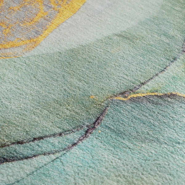 HomeRoots 9' X 12' Teal Gold Ivory Abstract Washable Area Rug - Stylish, Durable, UV-Protected for Busy Homes 646845