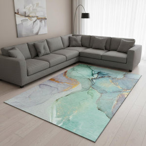 HomeRoots 10' X 14' Teal Gold Ivory Abstract Area Rug - Washable, UV Protected, Perfect for Busy Homes! 646846