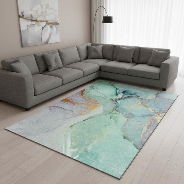 HomeRoots 10' X 14' Teal Gold Ivory Abstract Area Rug - Washable, UV Protected, Perfect for Busy Homes! 646846