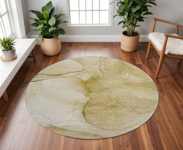 HomeRoots 8' Beige and Ivory Abstract Washable Round Rug with UV Protection - Soft, Durable, Stylish & Easy Care 646849