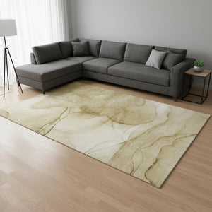 HomeRoots 9' X 12' Beige and Ivory Abstract Area Rug - Washable, UV Protected, Durable for Family Homes 646851