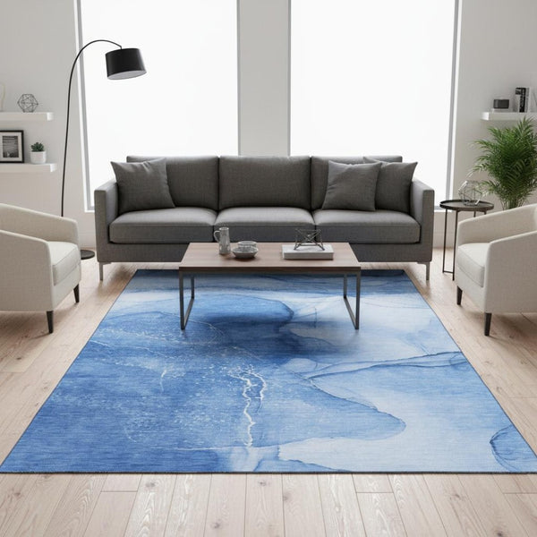 HomeRoots 5' Abstract Blue and Ivory Washable Area Rug - UV Protected, Stain Resistant, Perfect for High-Traffic Areas 646854
