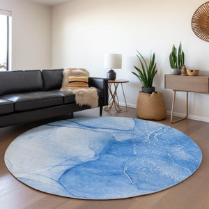 HomeRoots 8' Blue And Ivory Abstract Round Rug - Washable, UV Protected, Durable for Kids & Pets, Stylish Centerpiece 646855