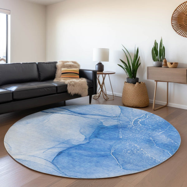 HomeRoots 8' Blue And Ivory Abstract Round Rug - Washable, UV Protected, Durable for Kids & Pets, Stylish Centerpiece 646855