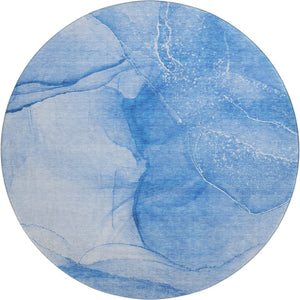 HomeRoots 8' Blue And Ivory Abstract Round Rug - Washable, UV Protected, Durable for Kids & Pets, Stylish Centerpiece 646855