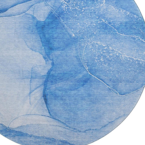 HomeRoots 8' Blue And Ivory Abstract Round Rug - Washable, UV Protected, Durable for Kids & Pets, Stylish Centerpiece 646855