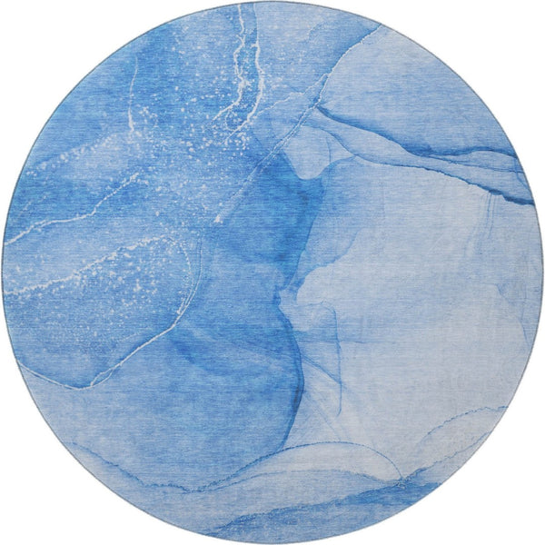 HomeRoots 8' Blue And Ivory Abstract Round Rug - Washable, UV Protected, Durable for Kids & Pets, Stylish Centerpiece 646855