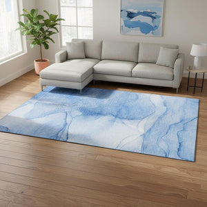 HomeRoots 8' X 10' Blue and Ivory Abstract Area Rug - Washable, UV-Protected, Durable & Stylish for Any Room 646856