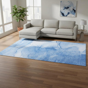 HomeRoots 9' X 12' Blue and Ivory Abstract Washable Area Rug - Durable, UV-Protected, Easy-Care for Busy Homes 646857