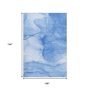 HomeRoots 9' X 12' Blue and Ivory Abstract Washable Area Rug - Durable, UV-Protected, Easy-Care for Busy Homes 646857