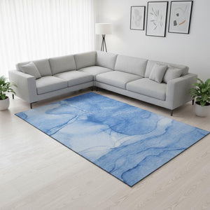 HomeRoots 10' X 14' Blue and Ivory Abstract Washable Area Rug with UV Protection for Modern Living Spaces 646858