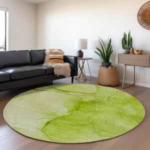 HomeRoots 8' Green and Ivory Abstract Round Rug - Washable, UV-Protected, Durable Design for High-Traffic Spaces 646861