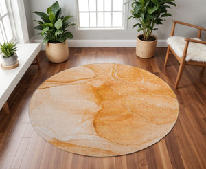 HomeRoots 8' Orange and Ivory Abstract Round Rug - Durable, Washable, UV-Protected for Active Homes & Style 646867