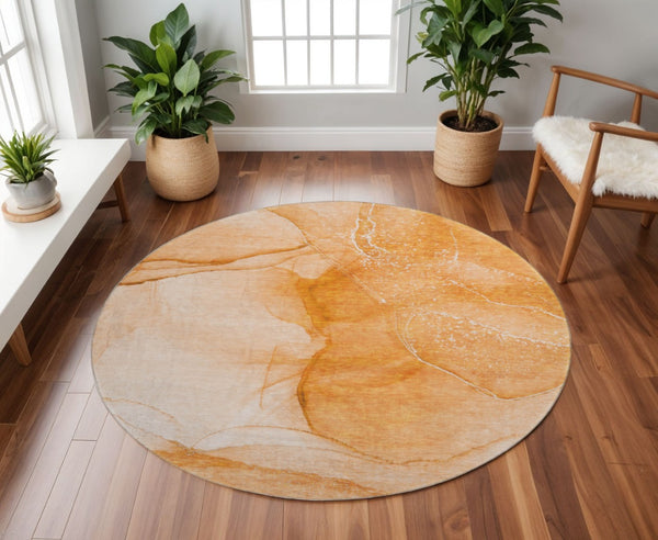 HomeRoots 8' Orange and Ivory Abstract Round Rug - Durable, Washable, UV-Protected for Active Homes & Style 646867