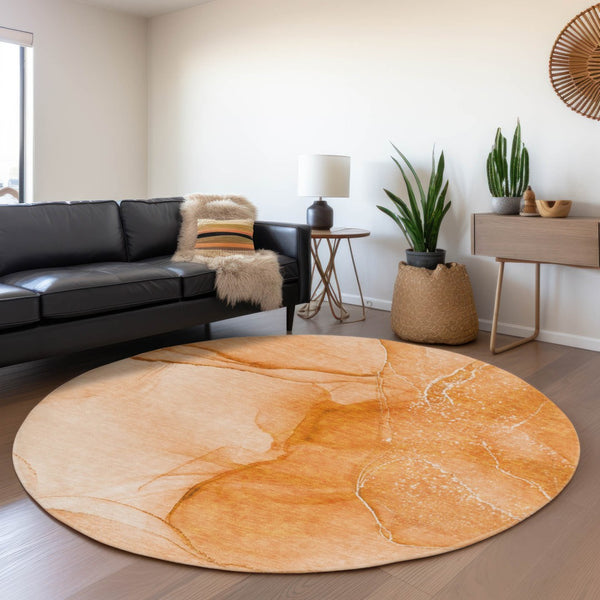 HomeRoots 8' Orange and Ivory Abstract Round Rug - Durable, Washable, UV-Protected for Active Homes & Style 646867
