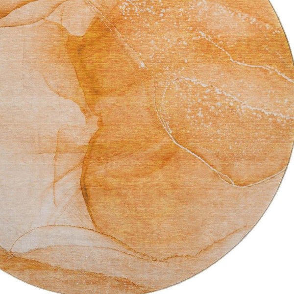 HomeRoots 8' Orange and Ivory Abstract Round Rug - Durable, Washable, UV-Protected for Active Homes & Style 646867