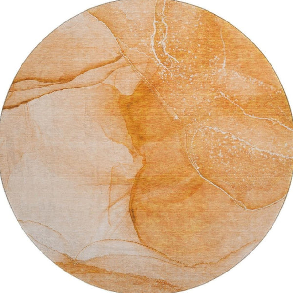 HomeRoots 8' Orange and Ivory Abstract Round Rug - Durable, Washable, UV-Protected for Active Homes & Style 646867