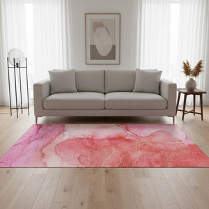 HomeRoots 5' X 8' Pink And Ivory Abstract Washable Area Rug - Durable, UV-Protected, Perfect for Families! 646872
