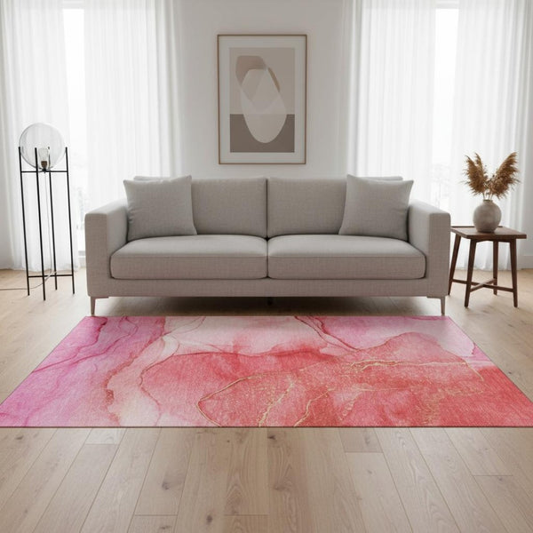 HomeRoots 5' X 8' Pink And Ivory Abstract Washable Area Rug - Durable, UV-Protected, Perfect for Families! 646872