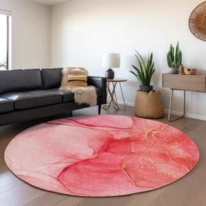 HomeRoots 8' Pink And Ivory Abstract Washable Round Rug – UV Protected, Stain Resistant, Perfect for High Traffic Areas 646873