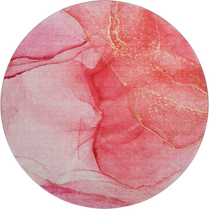 HomeRoots 8' Pink And Ivory Abstract Washable Round Rug – UV Protected, Stain Resistant, Perfect for High Traffic Areas 646873