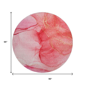 HomeRoots 8' Pink And Ivory Abstract Washable Round Rug – UV Protected, Stain Resistant, Perfect for High Traffic Areas 646873