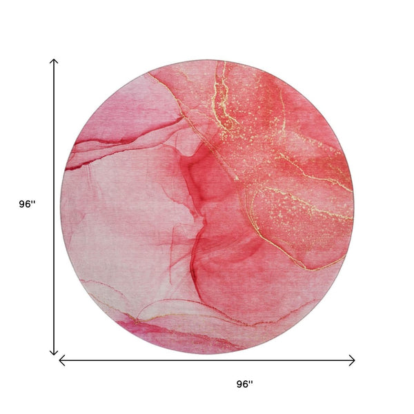 HomeRoots 8' Pink And Ivory Abstract Washable Round Rug – UV Protected, Stain Resistant, Perfect for High Traffic Areas 646873