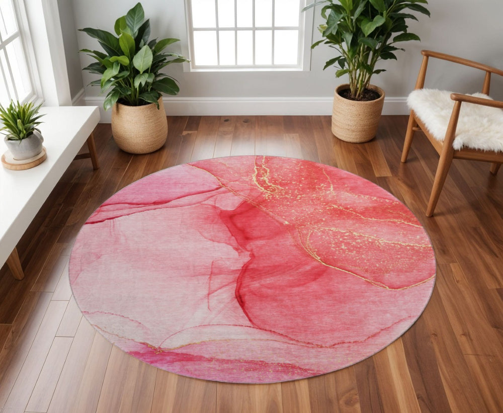 HomeRoots 8' Pink And Ivory Abstract Washable Round Rug – UV Protected, Stain Resistant, Perfect for High Traffic Areas 646873