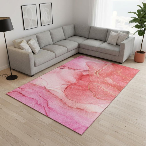 HomeRoots 8' X 10' Pink And Ivory Abstract Washable Area Rug - Stylish, Durable, and Easy-Care Floor Accent! 646874
