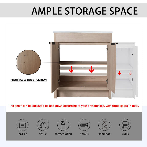 English Elm 42 Inch Freestanding Bathroom Vanity With Ceramic Sink, Soft-Close Doors & Ample Storage Space W999S00304