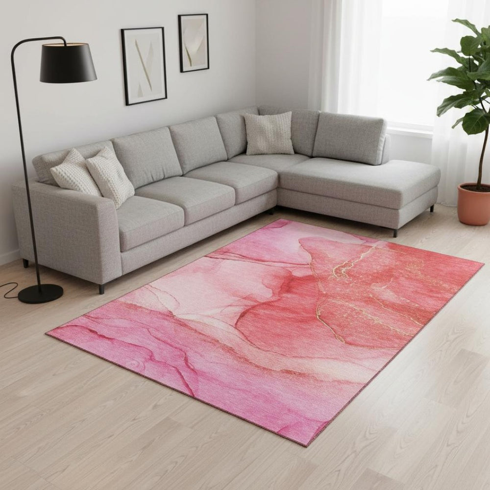HomeRoots 9' X 12' Contemporary Pink & Ivory Abstract Washable Area Rug with UV Protection for Durability 646875