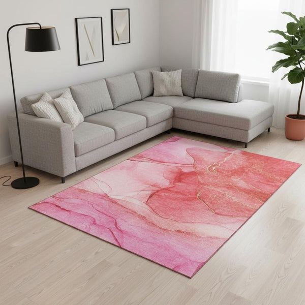 HomeRoots 9' X 12' Contemporary Pink & Ivory Abstract Washable Area Rug with UV Protection for Durability 646875