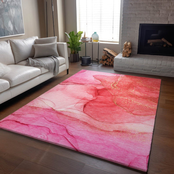 HomeRoots 10' X 14' Pink and Ivory Abstract Area Rug - Washable, UV Protected, Stylish & Durable for Any Room 646876