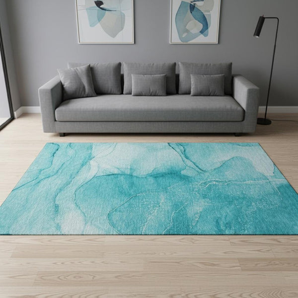 HomeRoots 5' X 8' Teal And Ivory Abstract Area Rug – Washable, UV-Protected, Durable Design for High Traffic Spaces 646884