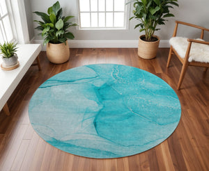 HomeRoots 8' Teal and Ivory Abstract Round Rug - Washable, Stain-Resistant, UV-Protected for Stylish Homes 646885
