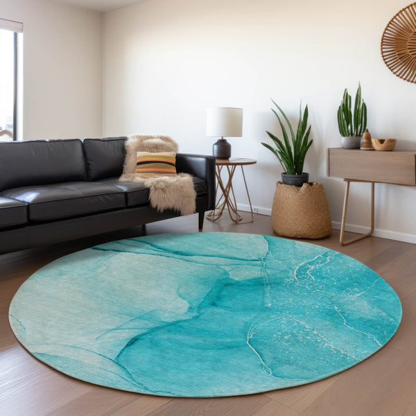HomeRoots 8' Teal and Ivory Abstract Round Rug - Washable, Stain-Resistant, UV-Protected for Stylish Homes 646885