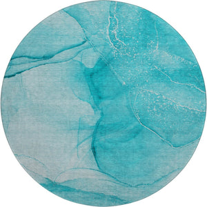 HomeRoots 8' Teal and Ivory Abstract Round Rug - Washable, Stain-Resistant, UV-Protected for Stylish Homes 646885